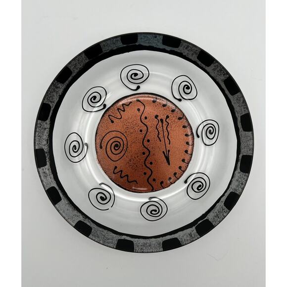 Kay Young Arcoroc 8” Art Glass Bowl Hand Painted Black and Copper ~ Signed - Picture 1 of 7